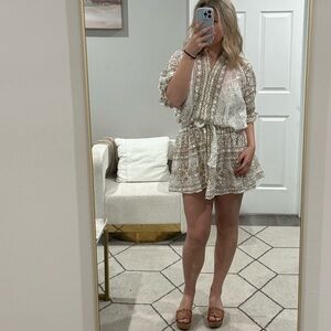 NWT Juliet Dunn Dress Blouson Mini Cotton in White Tan